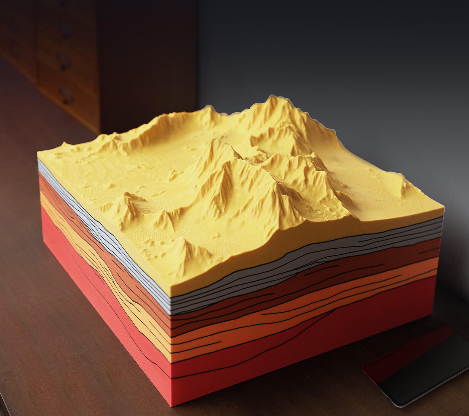 Complex multi-material geological stratigraphic model print.