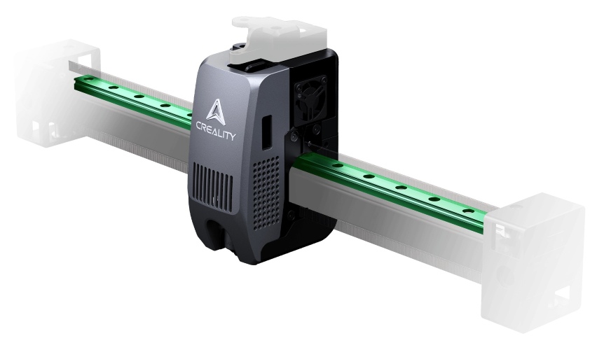 Close-up of the precise steel X-axis rail for stability.