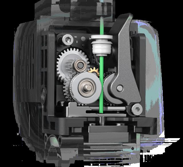 Close-up of the durable direct drive extruder with hardened steel gears.